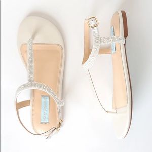 Betsey Johnson Lux White Beaded T-Strap Sandals
